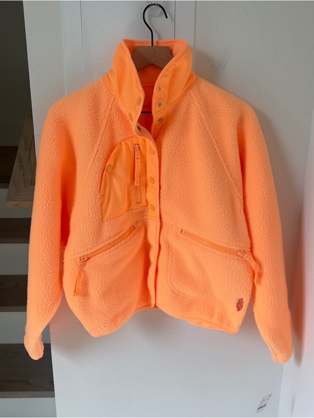 Free People Hit The Slopes Printed Fleece Jacket - Neon Clementine Orange - NWT - Picture 3 of 7